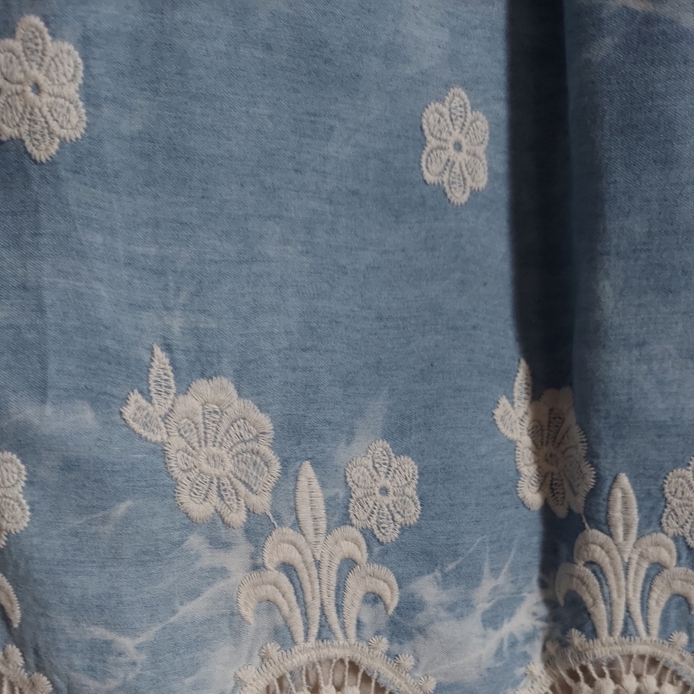 NWOT Union Of Angels Embroidered Blue And Cream Cotton Dress Bell Sleeves XS - Picture 11 of 14